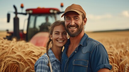 Happy man and woman farmers working on wheat field with red tractor on the background. Generative AI. - obrazy, fototapety, plakaty