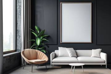 Modern living room interior. Room in a minimalist design with a monochrome colour scheme