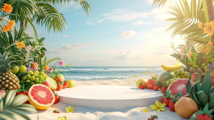 Beach Sand Podium for Summer Product Advertising - Empty Space, Fruits, Summer Vibe