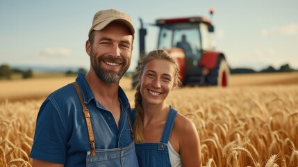Happy man and woman farmers working on wheat field with red tractor on the background. Generative...
