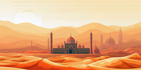 Mosque in a desert landscape. Traditional Islamic architectural mosque with domes. Silhouette of a mosque on the background of desert and mountains