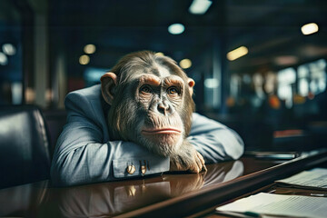 Monkey in business clothes is bored at work.

