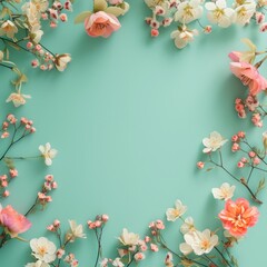 flowers on mint background with space for text.