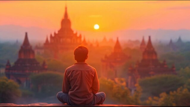 An ancient pagoda in Bagan, Mandalay, Myanmar, and a tourist watching the Bagan pagoda landscape at sunrise 