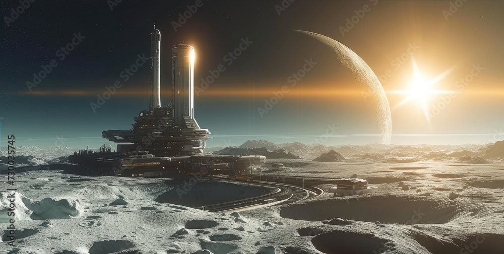 Aufkleber A futuristic scientific station next to a landing platform with a spaceship on it on the surface of the moon. Generative AI.