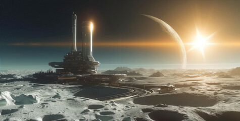 A futuristic scientific station next to a landing platform with a spaceship on it on the surface of the moon. Generative AI.