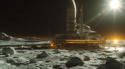 A futuristic scientific station next to a landing platform with a spaceship on it on the surface of the moon. Generative AI.