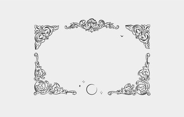 Hand drawn vector abstract outline,graphic,line vintage baroque ornament floral frame in calligraphic elegant modern style.Baroque floral vintage outline design concept.Vector antique frame isolated. - 730035790