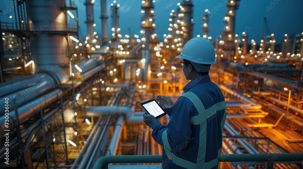 Poster A worker using tablet computer, he is up in a gantry at construction site for an energy plant being built. Generative AI.