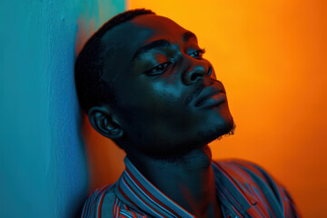 Confident African American Male Portrait in Stylish Urban Studio with Neon Blue Background
