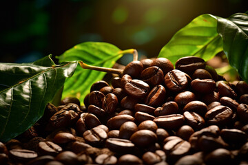 Coffee beans with leaves or leaf, plant and nature. Food, hot drink, beverage and cafes, coffee house and coffee shop