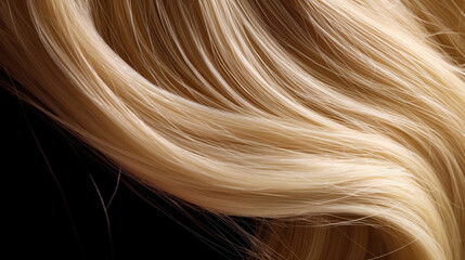 Naklejka premium Close-up of curly blonde hair strands on dark background, beauty and fashion concept. Macro shot of female blond hair strand, top view. Hair care concept. Tuft Blonde hair. AI generated
