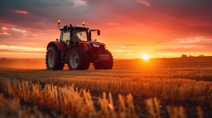 Fototapeta premium Tractor driving on the field at sunset. Generative AI.