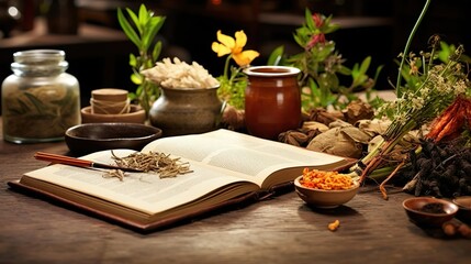 Old Chinese medical texts and plants on the table