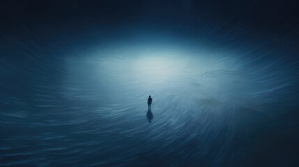 blue empty space. a small figure of a man in the distance. loneliness, depression and mental health. to be alone, solo.