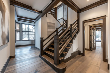 Stairs in the home interior with a wooden structure with a dark finish