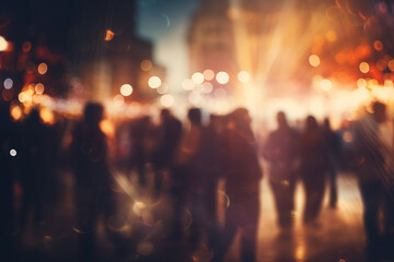Blurred crowd on an evening street with warm bokeh lights, ideal for festive backgrounds. Bokeh...