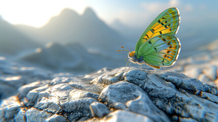 green and yellow butterfly stands on a rocky surface, with soft-focused mountains and sunlight in the background