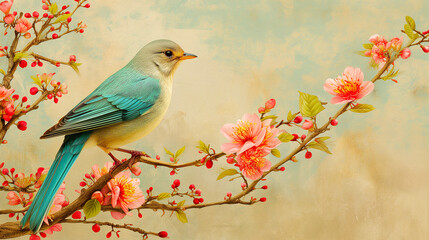 blue bird sits on a blooming branch with pink flowers against a textured beige background