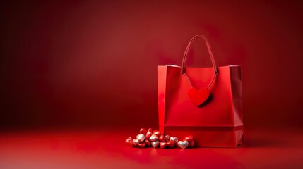 Red shopping bag with hearts on red background