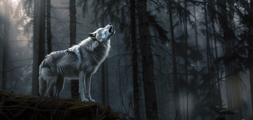 Wolf howling in the forest. Wolf in the moment of vocalisation