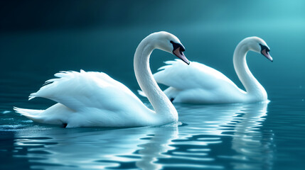 Two white swans swim gracefully on dark blue water, creating gentle ripples around them