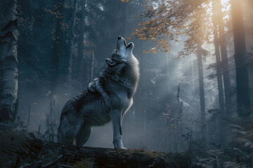 Wolf howling in the forest. Wolf in its natural environment, surrounded by trees and leaves at dusk
