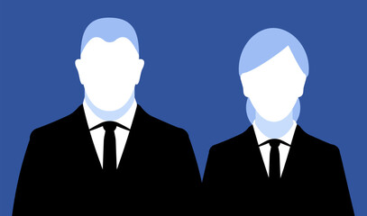 Faceless business man and woman in formal wear with necktie. Faceless user avatar template. Different gender office confident workers. Equality in ambition and leadership.