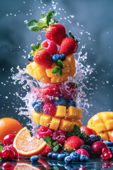 An explosion of taste from different fruits and water splash