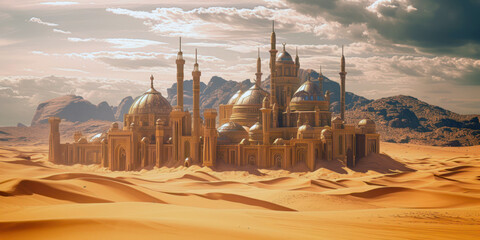 Desert landscape with architectural structures. The mosque is located among sand dunes with a warm orange hue