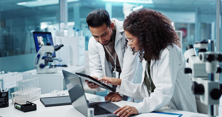 Science, teamwork and scientist with tablet in laboratory for communication, pharmaceutical review...