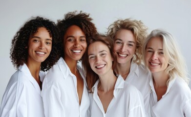 Four female models of different ages celebrating their natural bodies, confident and happy women smiling cheerfully while wearing white shirts.