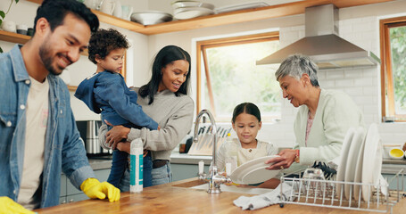 Cleaning, family and man in a kitchen with cloth for table, hygiene or clean living space after...