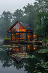 Glass transparent house by the lake with lotus flowers in the foreground