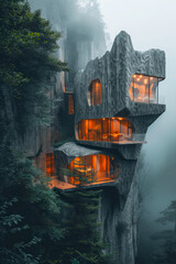 Modern house built on rock formations on the edge of a rocky cliff