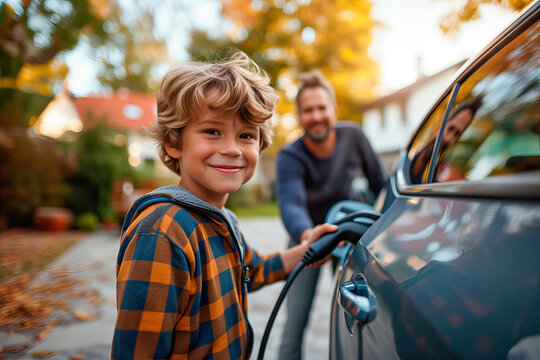 Boy charging the electric car with his father