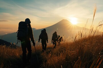 Fuji Panoramic Sunrise Trek: Trekkers Silhouetted Against the Majestic Mount Fuji, Embarking on an...