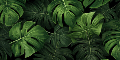 Tropical Green Leaves Background, A green leaf that says tropical on it.

