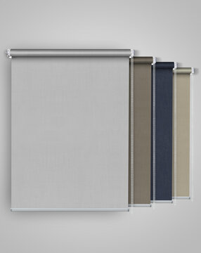 Roller blinds hang in a row. Assortment of colors for roller blinds.