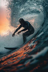 Motion blur of person surfing deep sea waves, vertical background