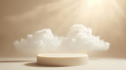 White round podium pedestal and clouds on beige background for product presentation or showcase empty mock up
