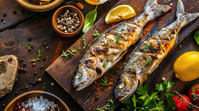a Menue with grilled fish on brown background, food advertising