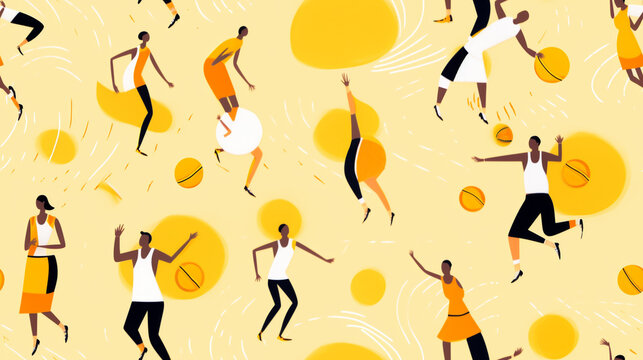 Seamless repetitive symetric pattern illustration of basketball figures. Pattern.