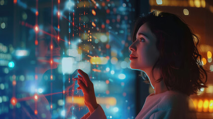 A woman interacts with futuristic holographic data projections, her face illuminated by the digital light, symbolizing the interface between humans and advanced technology in a modern urban setting at