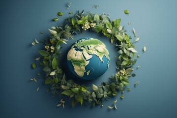 World Earth Day Concept. Planet earth with green leave. The concept of caring and loving the planet. Planet Earth on a blue background
