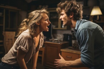The spouses fight and argue. Problems in family life. The couple is experiencing stress and discord in their relationship. - obrazy, fototapety, plakaty