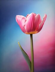open pink tulip on a blue-pink background
