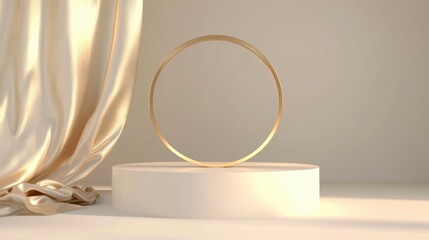 Podium pedestal, round golden circle frame and silky cloth in motion on beige background for product presentation or showcase empty mockup