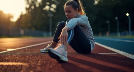 Woman runner stretching leg muscles touching shoes and looking away on the running track.