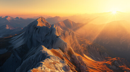 Sun rising over rugged mountains with golden light casting shadows and highlights on the peaks